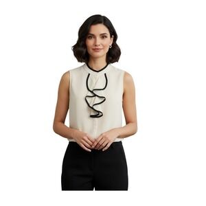 Calvin Klein Top Blouse Ivory Elegant Classic Black Trim Sleeveless  Medium